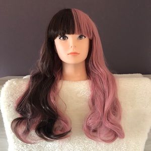 24 inches Pink and Brown Synthetic Cosplay Wig Long Wavy for Halloween and Party
